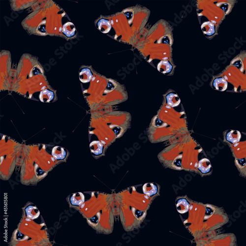 Seamless pattern with red peacock eye butterflies on a black backdrop in retro style. Suitable for Wallpaper  wrapping paper or fabric. Repeating vector background with realistic butterflies