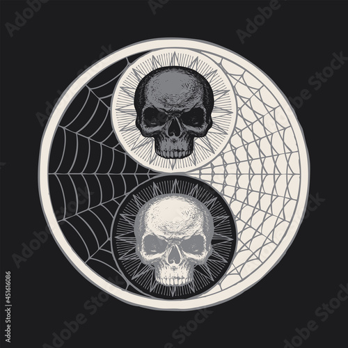 A hand-drawn yin yang symbol with human skulls and cobwebs on a black background. Vector occult and mystical sign of balance, harmony, Feng Shui, unity and opposites, the continuity of life and death