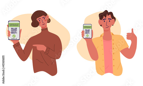 Certificate of vaccination vector flat cartoon illustration, with young mans and womans. They showing smartphone with vaccine QR code in mobile app or screen. Covid-19 coronavirus vaccine certificate