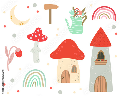 Cute cartoon elf, fairy or gnome houses. Vector illustration.