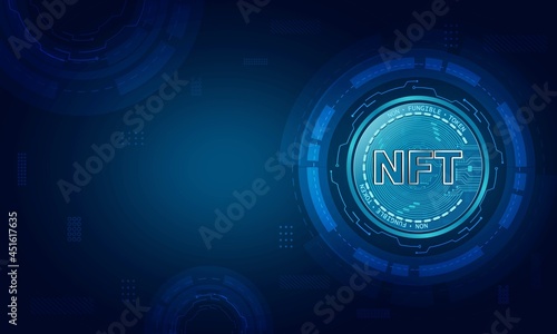 Non-fungible token (NFT) concept.Abstract futuristic blue technology background.