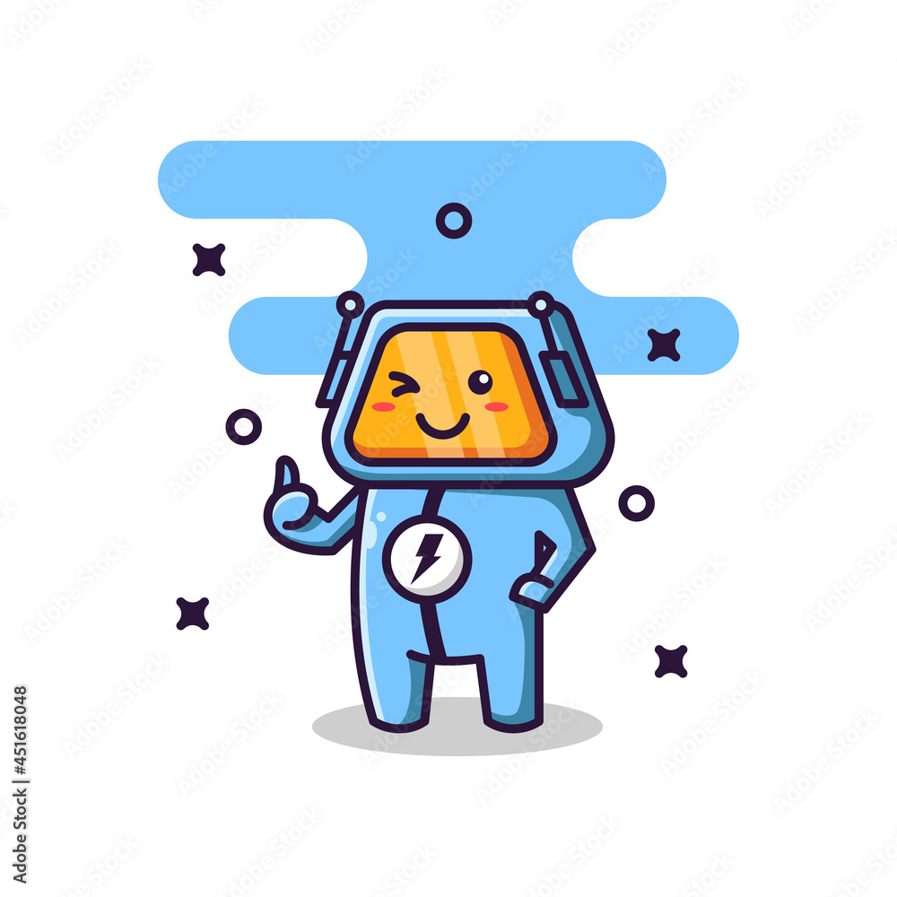 Cute robot with thumbs up illustration cartoon. Flat design style. Design mascot.