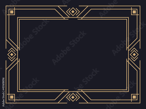 Art deco frame. Vintage linear border. Design a template for invitations, leaflets and greeting cards. Geometric golden frame. The style of the 1920s - 1930s. Vector illustration