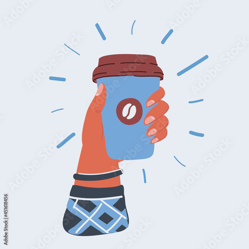 Vector illustration of paper cup of coffee in human hand. Takeaway orders.
