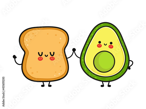 Cute, funny happy bread and avocado character. Vector hand drawn cartoon kawaii characters, illustration icon. Funny cartoon bread and аvocado friends concept