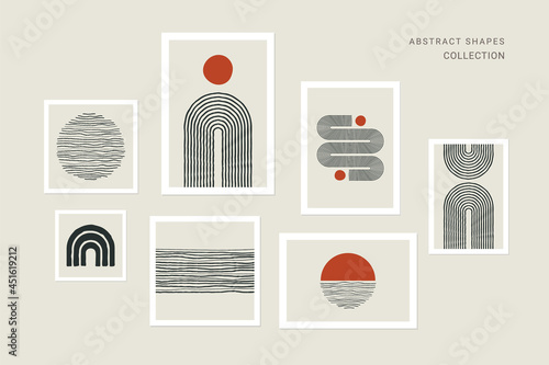 Abstract shapes collection rainbow, arc, sun decor. Trendy mid century art, boho home decor, wall art. Scandinavian minimalist art. Minimal art background, print, cover, story, post, social media