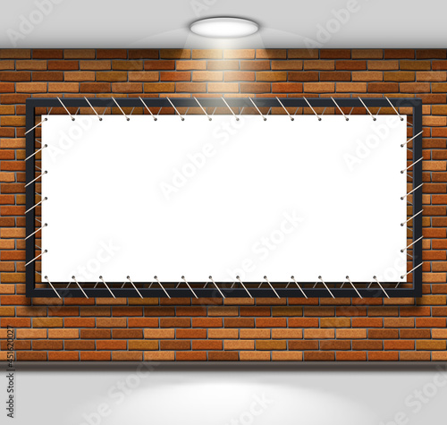 Stretch fabric banner in a metal frame on a brick wall illuminated by a ceiling lamp. Mockup with empty white ad banner or billboard template for advertising. Vector Illustration