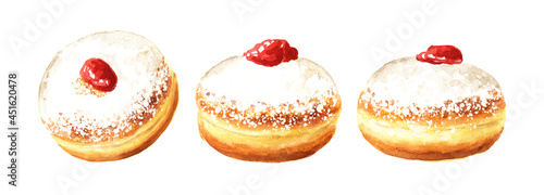 Donuts with jam set. Hand drawn watercolor illustration, isolated on white background
