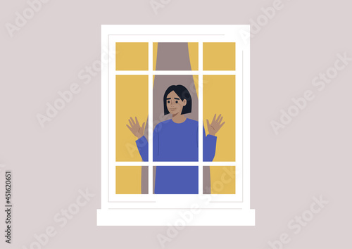 Coronavirus lockdown, a young female character isolated at home, outside view of a window frame