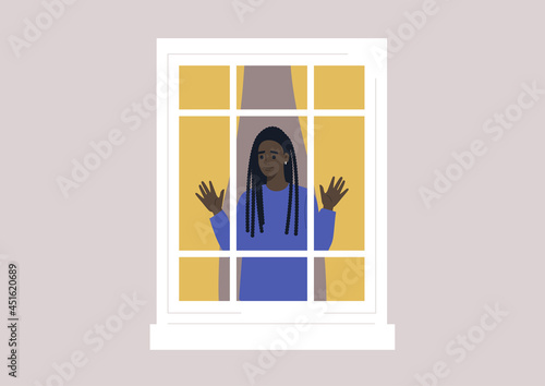 Coronavirus lockdown, a young female Black character isolated at home, outside view of a window frame