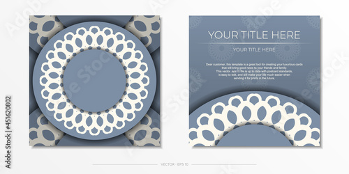 Ready-to-print blue color postcard design with luxurious ornaments. Invitation card template with vintage patterns.