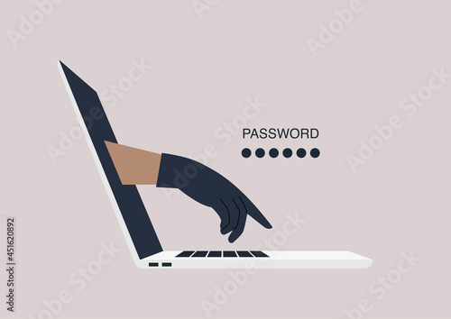 Password breach concept, a hand in a black leather glove typing on a keyboard, data stealing