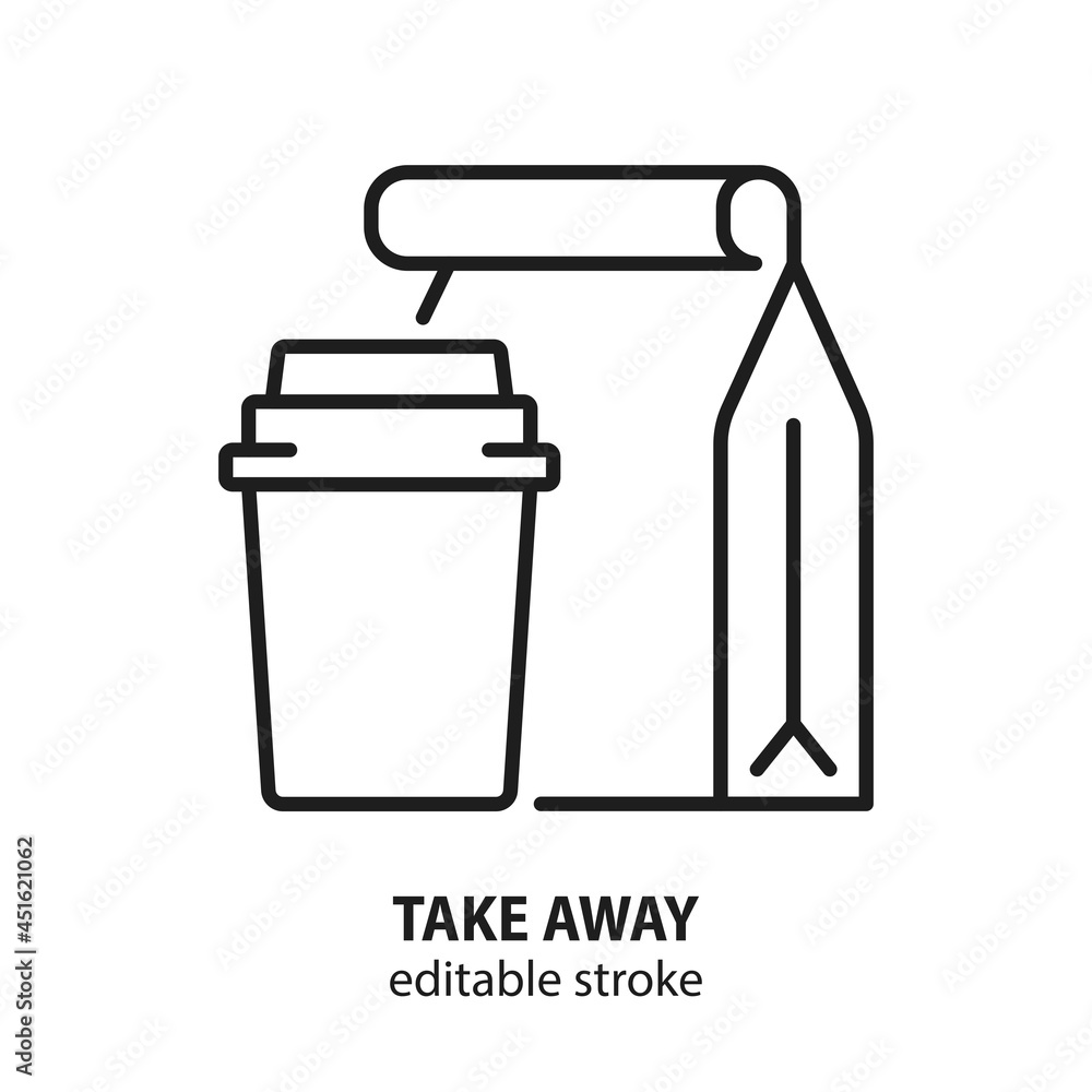 Take away vector concept. Package with food and paper cup line icon. Editable stroke. Take away vector concept. Package with food and paper cup line icon. Editable stroke.