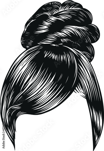 Beautiful woman hair bun, black and white vector illustration