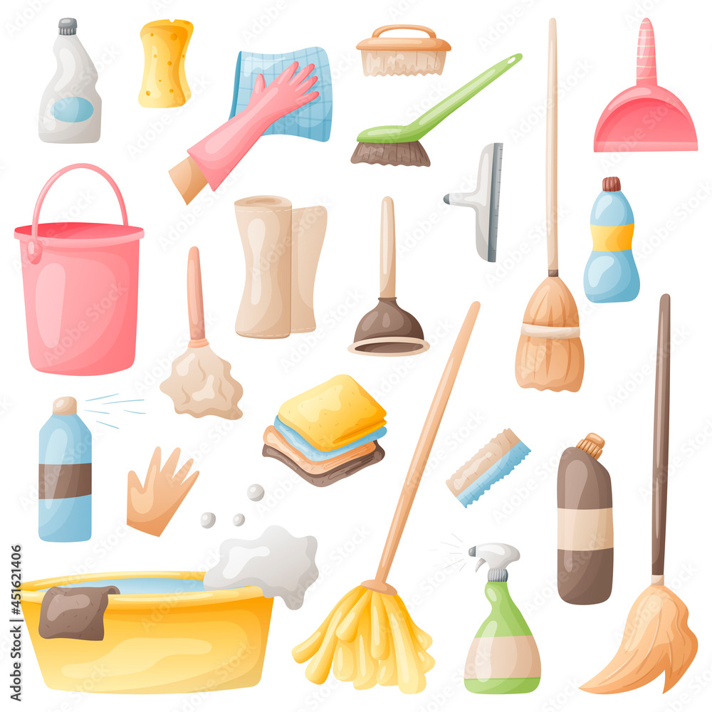 Set of vector icons of house cleaning, washing and freshness. Cartoon bottles of detergent, mops, washcloths, sponges and rags. Set of vector icons of house cleaning, washing and freshness. Cartoon bottles of detergent, mops, washcloths, sponges and rags.