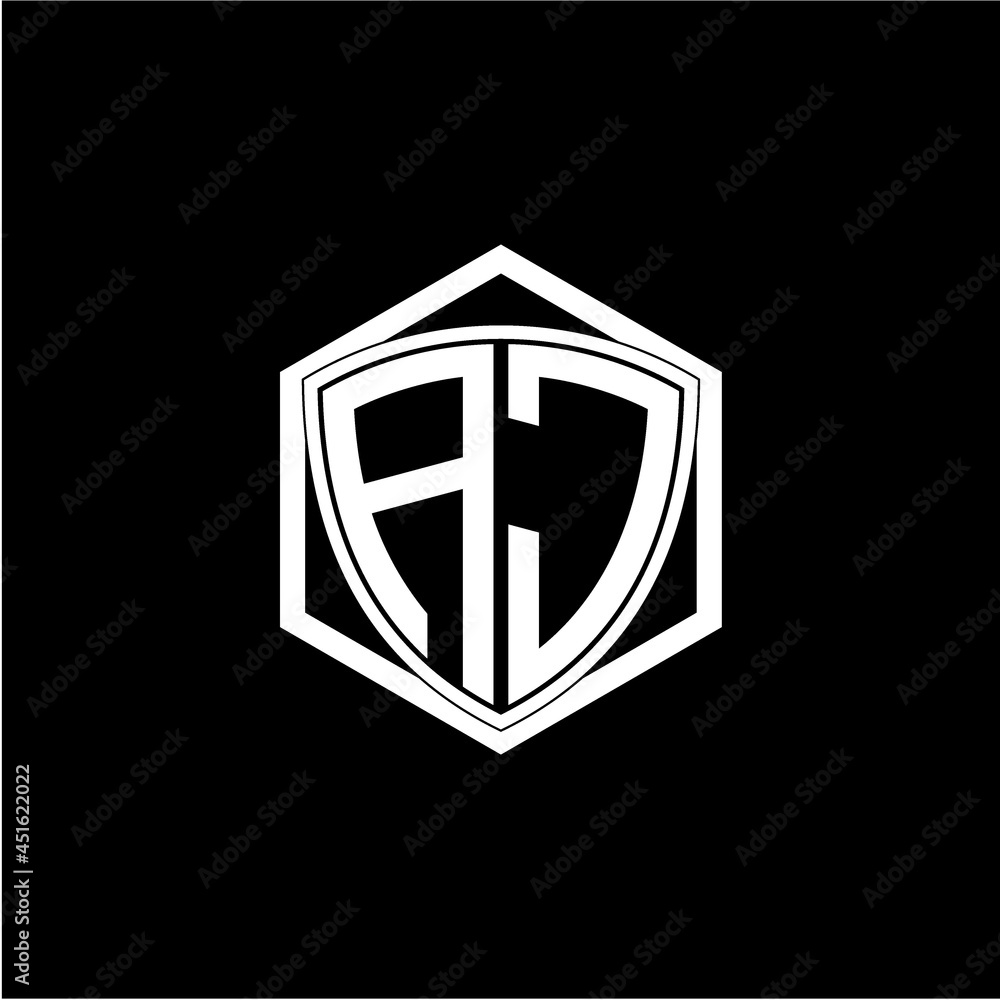 initial letter A J shield with hexagon frame initial letter A J shield with hexagon frame