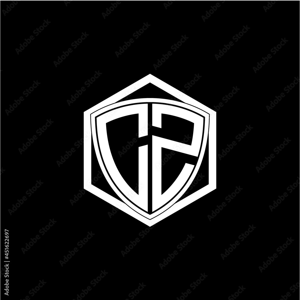 initial letter C Z shield with hexagon frame initial letter C Z shield with hexagon frame