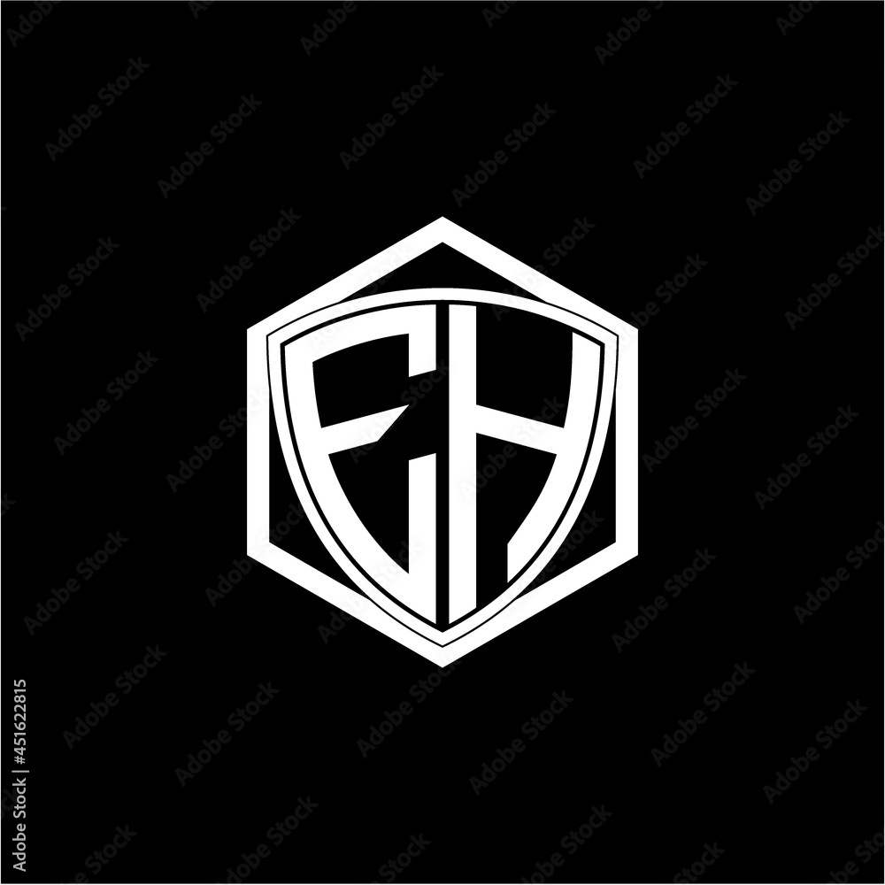 initial letter E H shield with hexagon frame initial letter E H shield with hexagon frame