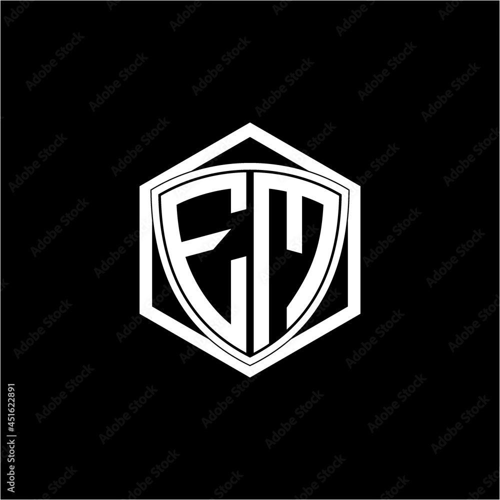 initial letter E M shield with hexagon frame initial letter E M shield with hexagon frame