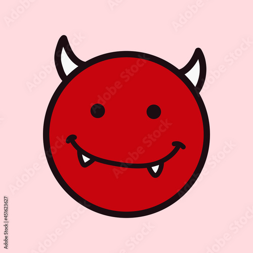 Little red devil funny face, cute face of a devil face smiling with horns and fangs, Halloween vector cartoon.