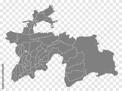 Blank map of Tajikistan. Districts of Tajikistanmap. High detailed vector map Republic of Tajikistan on transparent background for your web site design, logo, app, UI. EPS10. 