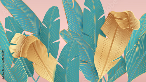 Background with tropical leaves of palm trees on a pink background.