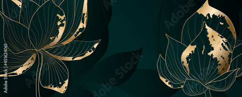 Abstract turquoise background with lotus flowers with golden elements for display on textiles, packaging and web