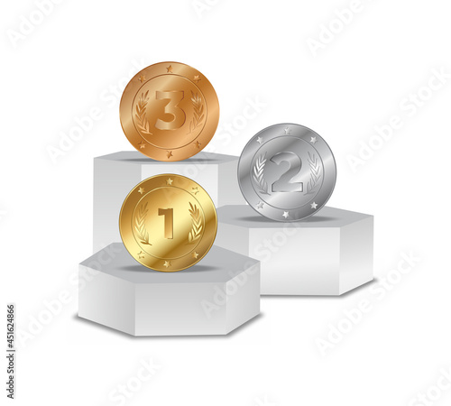 Medals on podium. First, second, third place on pedestal. Competition and goal achievement. Gold silver bronze round coins on stages, award ceremony vector business concept