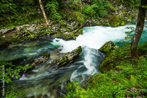 Clear mountain stream rapids with green blue water in the forest