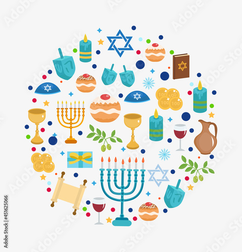 Happy Hanukkah set of icons in a round shape, greeting card. Template for your design. Jewish holidays. Vector illustration