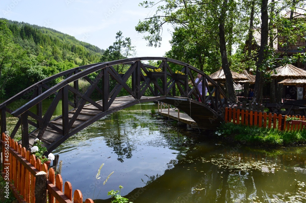 Obraz premium a small wooden bridge on the lake