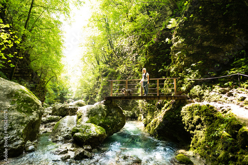Foto Young woman with dog standing on a hiking trails bridge in a gorge in Slovenia