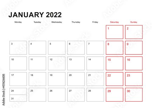 Wall planner for January 2022 in English language, week starts in Monday.
