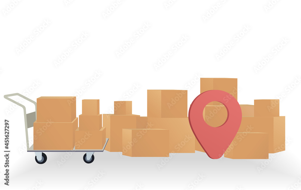 Several boxes and a cart on the ground with location symbol. Vector Illustration EPS10. Several boxes and a cart on the ground with location symbol. Vector Illustration EPS10.