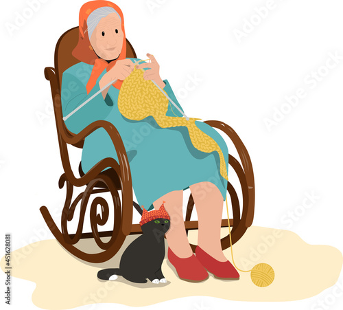 Old woman sitting on armchair with cat. Elderly knitting concept. Pastime, leisure, grandparents