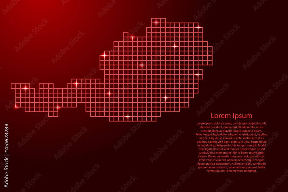 Austria map silhouette from red mosaic structure squares and glowing stars. Vector illustration.