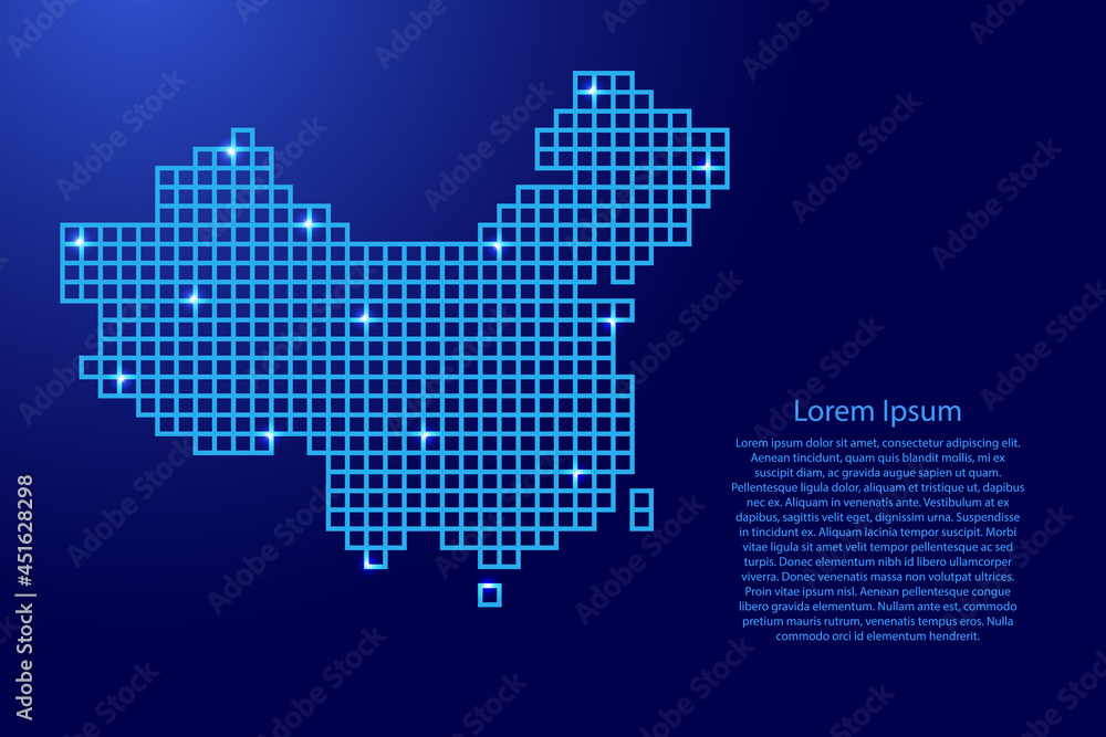 China map silhouette from blue mosaic structure squares and glowing stars. Vector illustration.