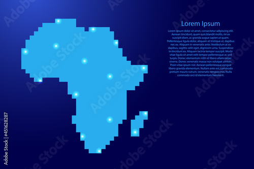 Africa map map silhouette from blue square pixels and glowing stars. Vector illustration.