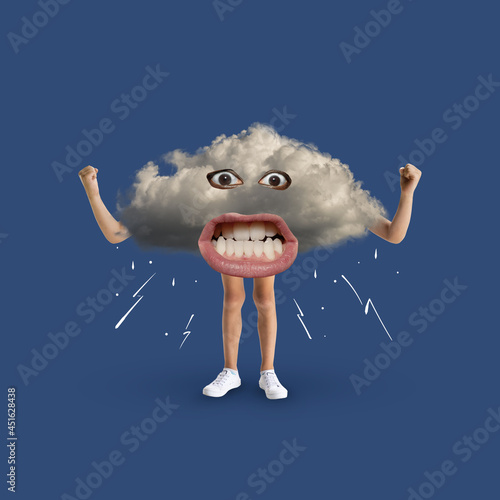 Modern design, contemporary art collage. Inspiration, idea, trendy urban magazine style. Big cloud with mouth, eyes and hands and legs on colored background