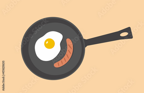 Fried eggs with sausage on frying pan in hot oil, close up top view. Food. Meal. Eating. Breakfast. Lunch. Cook eggs on kitchen. Sunny-side up eggs. Yolk, protein. Flat vector illustration. Isolated  