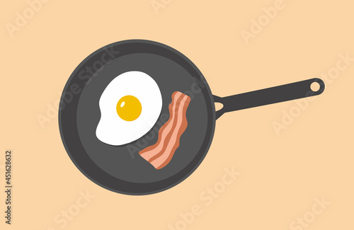 Fried eggs with crispy bacon on frying pan in hot oil, close up top view. Food. Meal. Eating. Breakfast. Lunch. Cook eggs on kitchen.Sunny-side up eggs. Yolk, protein.Flat vector illustration.Isolated