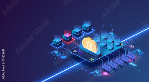 Isometric cryptomining farm concept banner. Modern concept of digital Crypto Mining technology. Crypto currency mining concept dollar coin. Blockchain Farm composition. Isometric illustration