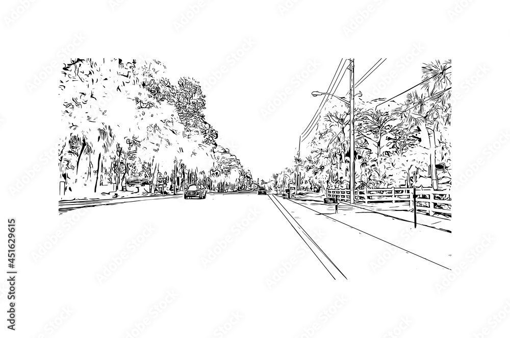 Obraz premium Building view with landmark of Jupiter is the town in Florida. Hand drawn sketch illustration in vector.