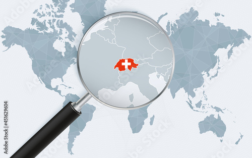 World map with a magnifying glass pointing at Switzerland. Map of Switzerland with the flag in the loop.