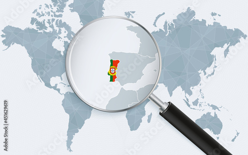 World map with a magnifying glass pointing at Portugal. Map of Portugal with the flag in the loop.