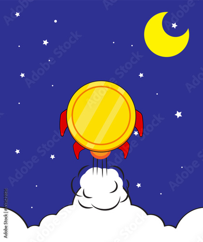 Rocket coins go to the moonใ Cryptocurrency and e-commerce concept. 