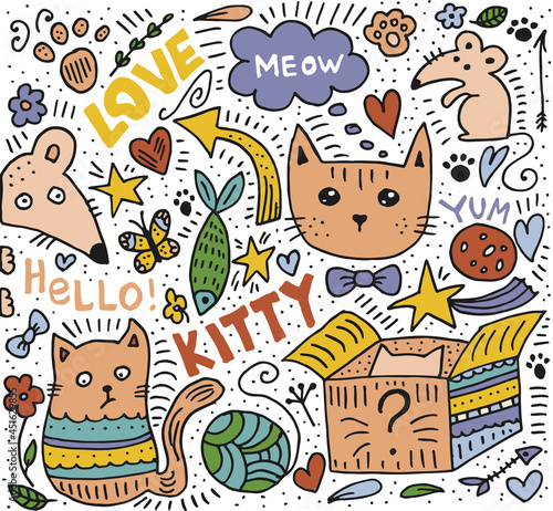 Doodle style hand drawn. Cat life. Colorful illustration.