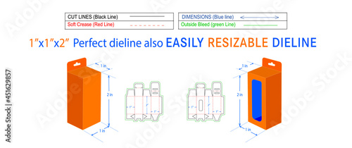 Snap lock mobile charger box, Hanging window box 1x1x2 in box dieline packaging design and 3D box