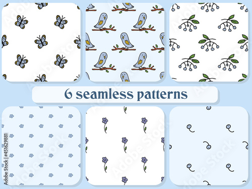 Set of 6 seamless patterns. Doodle style hand drawn. Blue butterflies, owls, flowers, cranberries and mountain ash.