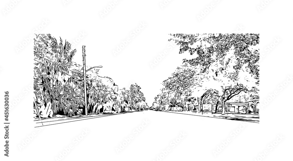 Building view with landmark of Jupiter is the 
town in Florida. Hand drawn sketch illustration in vector.